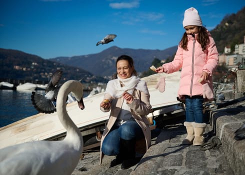 Happy mother and daughter feeding white swans on the lake of Como, enjoying a happy family pastime together outdoors on sunny cold winter day. Italian Alps on the background