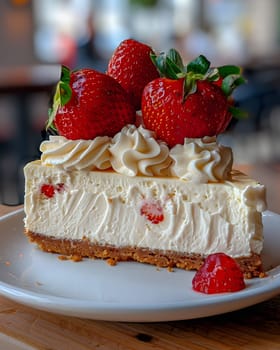 Indulge in a decadent slice of cheesecake topped with fluffy whipped cream and fresh strawberries. A perfect combination of flavors in this dessert
