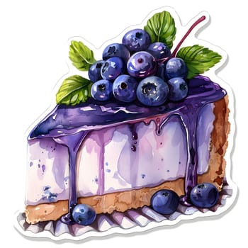 A watercolor painting of a slice of blueberry cheesecake with fresh blueberries on top, showcasing the natural beauty of this purple fruit