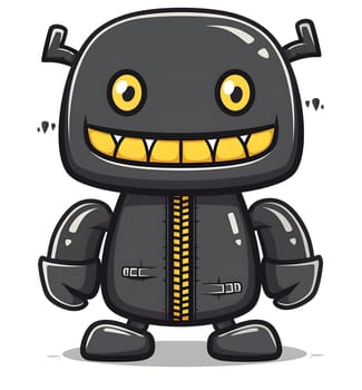 A cartoon illustration of a black robot with yellow eyes and teeth, featuring product design elements such as gadget, toy, and audio equipment