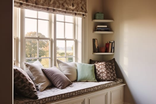 Window seat, interior design and comfort at home, reading nook with bookshelves and cushions, home decor in a country house, English cottage style, post-processed, generative ai