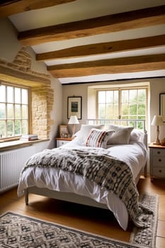 Cottage bedroom decor, interior design and holiday rental, bed with elegant bedding linen and antique furniture, English country house and farmhouse style idea