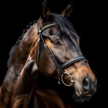 A close up of a liver chestnut horse with a sorrel mane wearing a bridle and bit as part of its horse tack on a black background, showcasing the elegant working animal