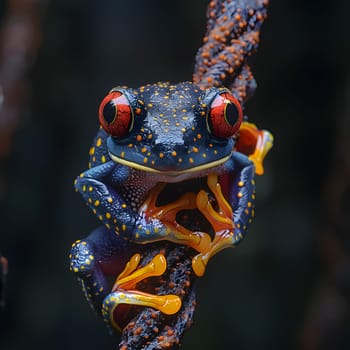 An electric blueeyed frog, a true frog amphibian, is perched on a rope in wildlife. This terrestrial animal with striking red irises is captured in stunning macro photography