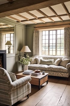 Country cottage lounge decor, sitting room and Cotswolds style interior design, living room furniture, sofa and home decor in elegant English country house style, post-processed, generative ai