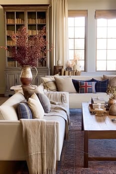 Modern cottage Interior design, autumnal home decor, sitting room and living room, sofa and furniture in English country house and elegant countryside style interiors