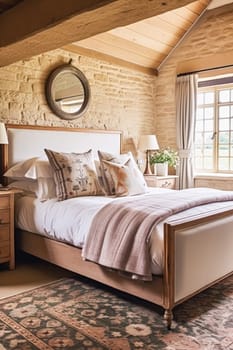 Cottage style bedroom decor, interior design and home decor, bed with elegant bedding and bespoke furniture, English country house or holiday rental interiors
