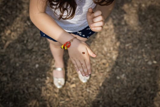 One Caucasian unrecognizable girl holds a crawling ladybug on her hand on a summer day while standing in a public park, close-up top view.