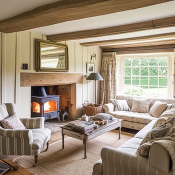 Cottage interior with modern design and antique furniture, home decor, sitting room and living room, sofa and fireplace in English country house and countryside style interiors