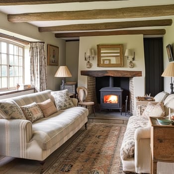 Cottage interior with modern design and antique furniture, home decor, sitting room and living room, sofa and fireplace in English country house and countryside style interiors