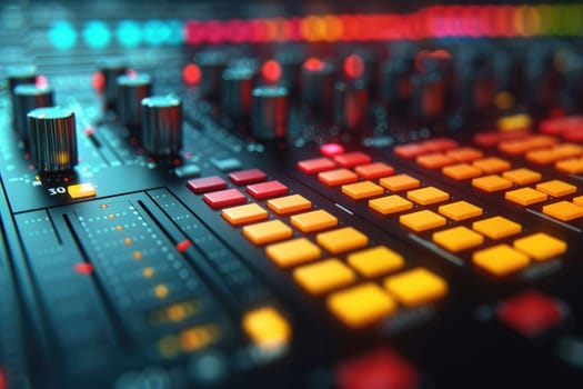 A close up of a sound board with buttons and knobs, Abstract equalizer background.