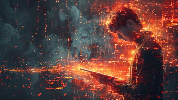A man is looking at a tablet in a fiery, chaotic environment, Generative AI.