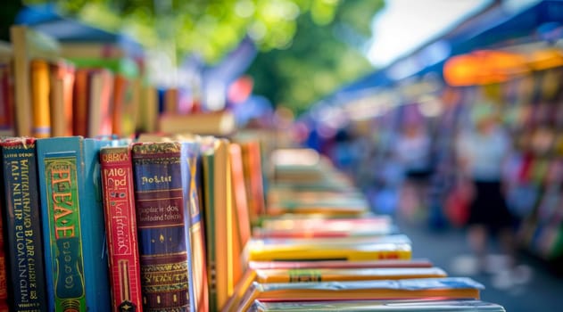Side close up view of row of books at an open-air fair.
