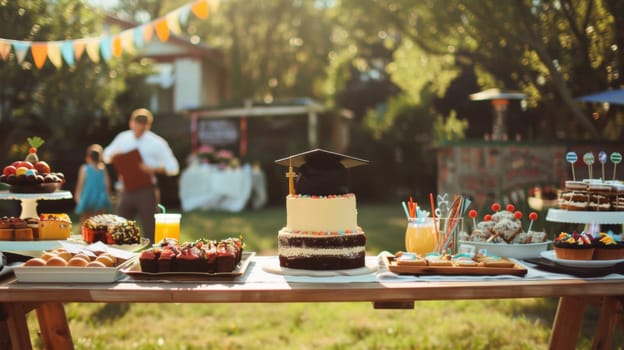 Graduation party outdoors in the garden during daylight in a sunny day. Cakes and deserts are ready.