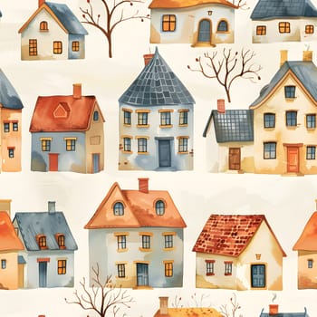 A seamless pattern featuring houses and trees with blue windows and artfully painted fixtures on a white background, showcasing a residential areas architectural beauty