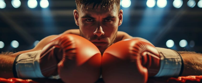 Young male boxer with intense gaze, resting on the ropes