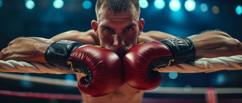 Young male boxer with intense gaze, resting on the ropes