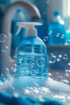 Blue dish soap bottle amidst soap suds and water sparkle