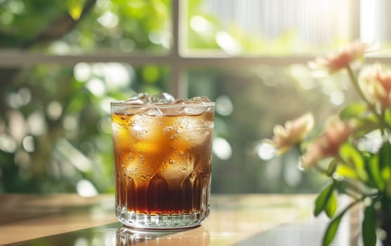 A refreshing glass of iced cola on a wooden table, with sunlight filtering through green foliage and blooming flowers