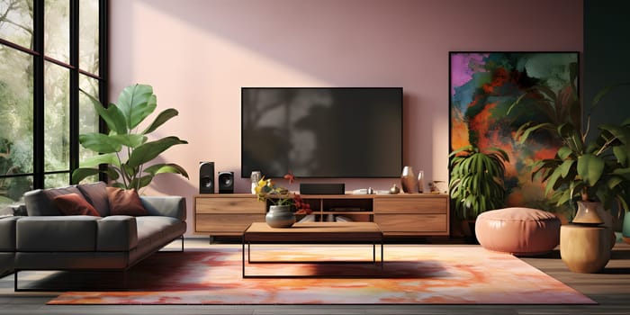 This image captures a fancy minimalist living room adorned with sleek furniture and a large flat screen TV, creating a sophisticated and inviting ambiance.