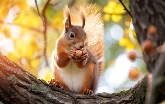 A squirrel clutches a nut amidst autumn leaves, its eyes gleaming with curiosity and alertness