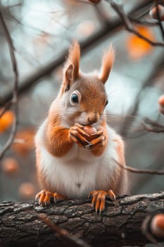 A squirrel clutches a nut amidst autumn leaves, its eyes gleaming with curiosity and alertness