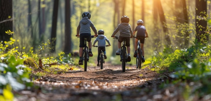 Four cyclists boys on a forest trail, bathed in golden sunlight, showcasing a serene and active outdoor experience