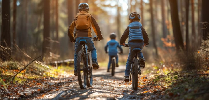 Three children cyclists in helmets ride on a sunlit forest path, surrounded by tall trees and spring foliage