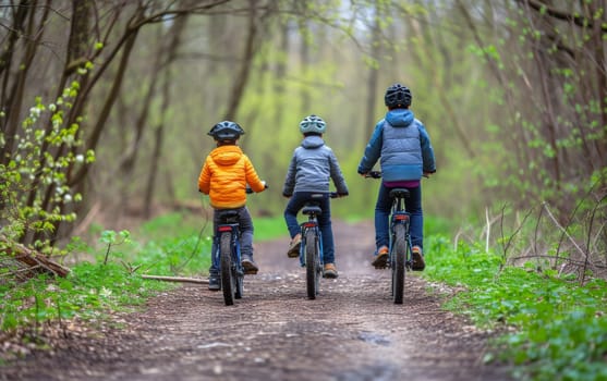 Three children cyclists on a forest trail, showcasing the beauty of nature and outdoor activities