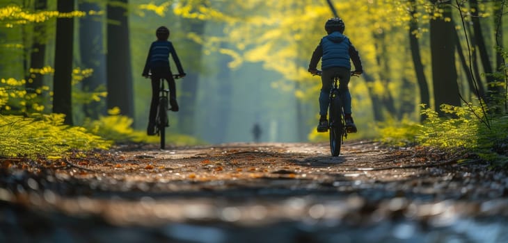 Two child cyclists on a forest trail, surrounded by greenery and sunlight, showcasing a peaceful and active outdoor experience