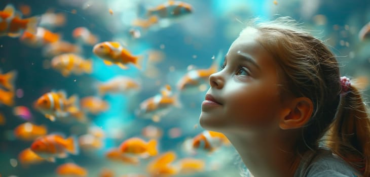 A girl observing colorful fish in a vibrant underwater scene. The image is lively, showcasing the beauty of marine life