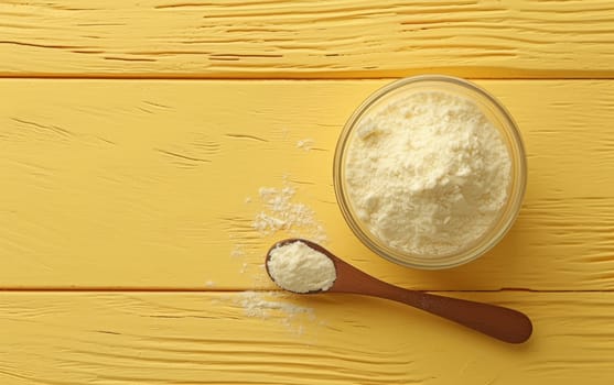 Hydrolyzed collagen powder in a bowl and a spoon on a wooden yellow background with copy space