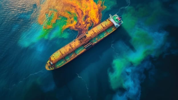 Aerial view of a rusty oil tanker dispersing colorful oil pollutants in the ocean