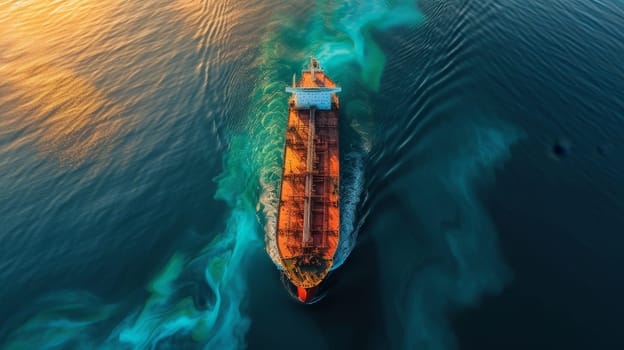 Aerial view of a sunlit cargo ship sailing in the contrasting ocean waters