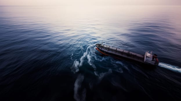 A large ship sailing on the tranquil blue ocean under a clear sky, evoking a sense of calm and isolation