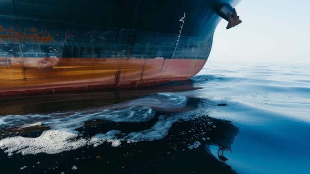 Large ship's hull with anchor in the ocean, with water reflecting its rusty, weathered surface