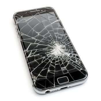 Smartphone with a severely cracked screen, displaying intricate patterns of damage isolated on white background