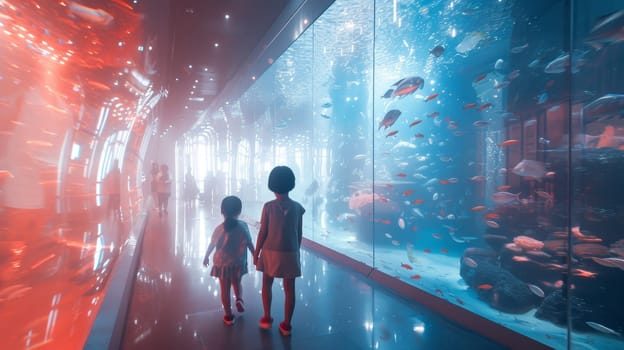 Children admiring a vibrant, illuminated aquarium filled with various fish and underwater scenery