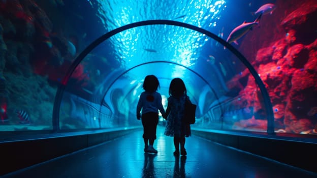 Children admiring a vibrant, illuminated aquarium filled with various fish and underwater scenery