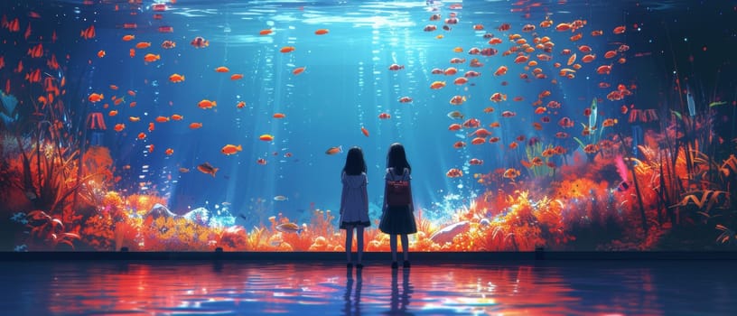 Two kids observing a vibrant, colorful underwater scene at an aquarium