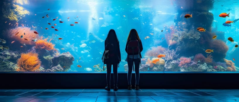 Two people observing a vibrant, colorful underwater scene at an aquarium