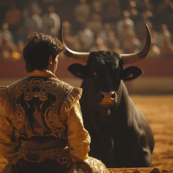 A matador in a decorative costume sits beside a resting bull, evoking a moment of calm