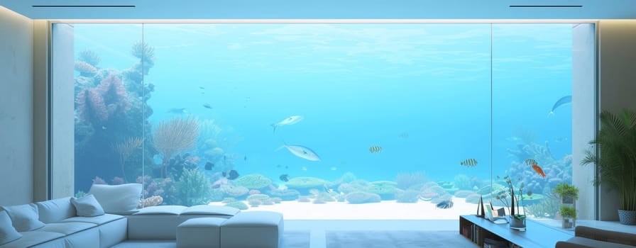 Modern living room with white furniture, overlooking a vibrant underwater seascape through a large window in large aquarium