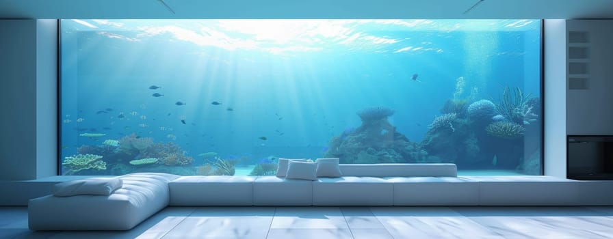 Modern living room with white furniture, overlooking a vibrant underwater seascape through a large window in large aquarium