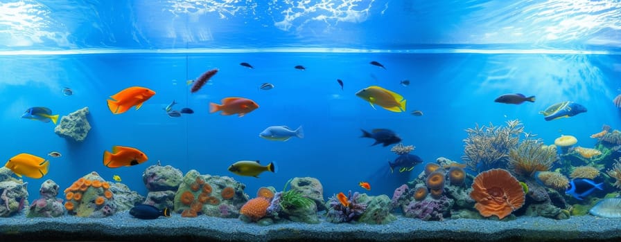 Vibrant underwater scene with colorful corals and tropical fish in a clear aquarium