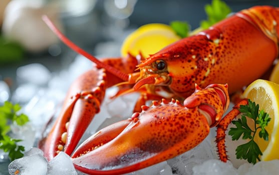 Fresh lobster on ice with lemon and herbs, seafood close-up, vibrant colors, culinary luxury