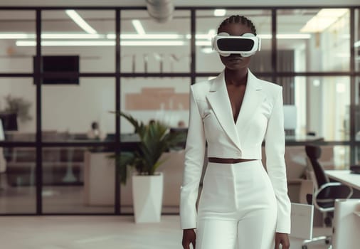 Portrait of one beautiful African businesswoman in a white fashionable suit with virtual reality glasses standing on the right in the office with copy space on the left, close-up side view.