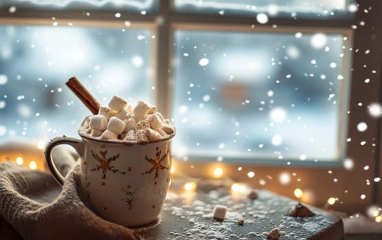 Winter comfort hot chocolate with marshmallows and cinnamon, cozy atmosphere, festive lights