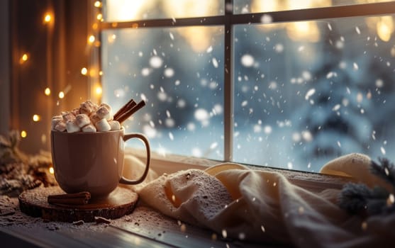 Warm cup of hot chocolate with marshmallows, cinnamon, festive lights and snow