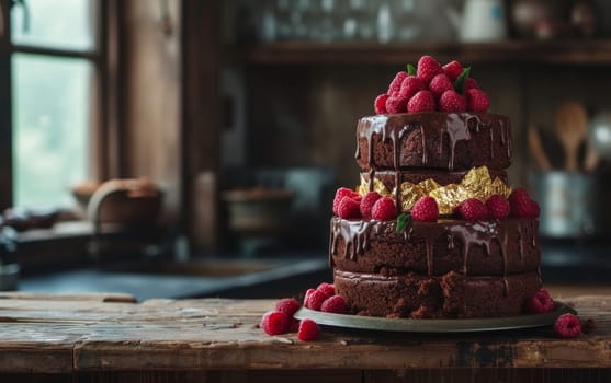 Layered chocolate cake with raspberries and gold leaf topping, drizzled with ganache